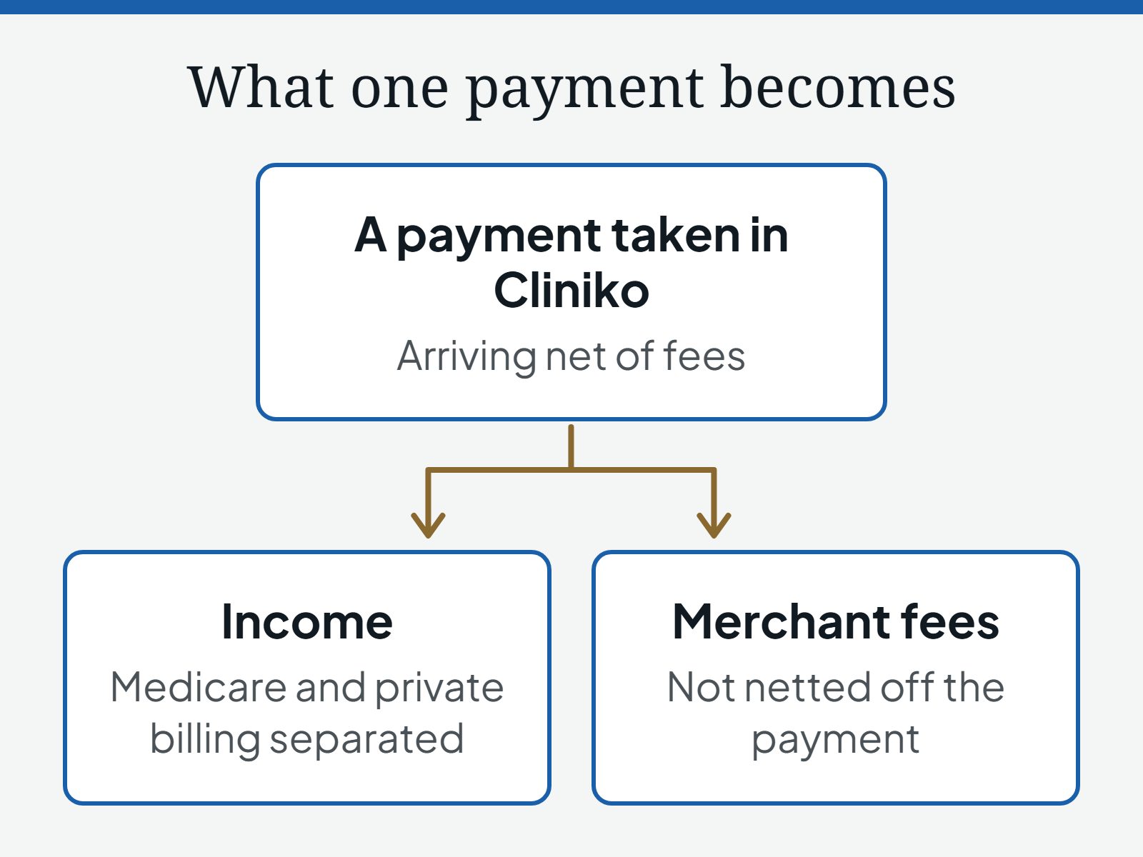Diagram of what one payment taken in Cliniko becomes: arriving net of fees, it divides into income, with Medicare and private billing separated, and merchant fees, not netted off the payment