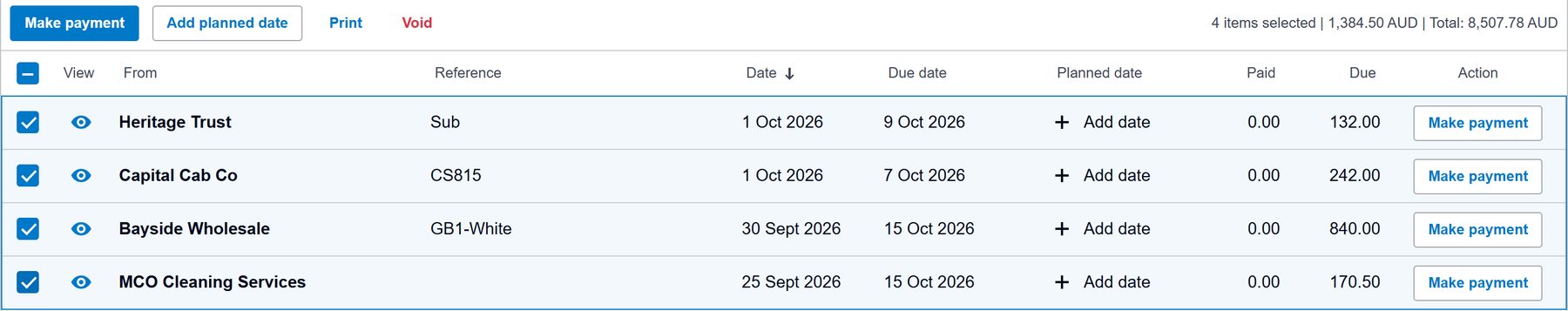 Xero bills awaiting payment with four selected for one batch payment, in the Demo Company