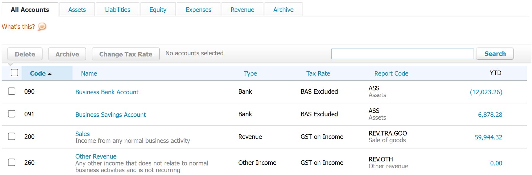 Xero chart of accounts showing the code, type and default tax rate of each account, in the Demo Company