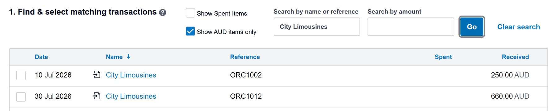 Xero Find and Match searching by contact name, in the Demo Company